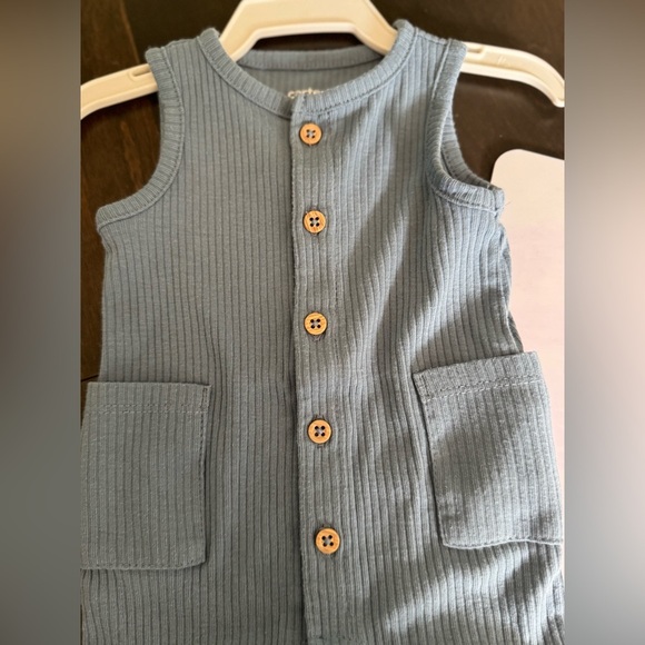 Carters Blue Ribbed Newborn Jumpsuit with Wooden Buttons - Picture 3 of 3
